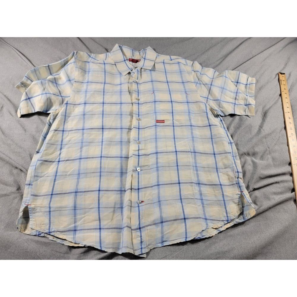 Guess Jeans Shirt Mens XL Blue Plaid‎ Linen Cotton Blend Button Up, Short Sleeve